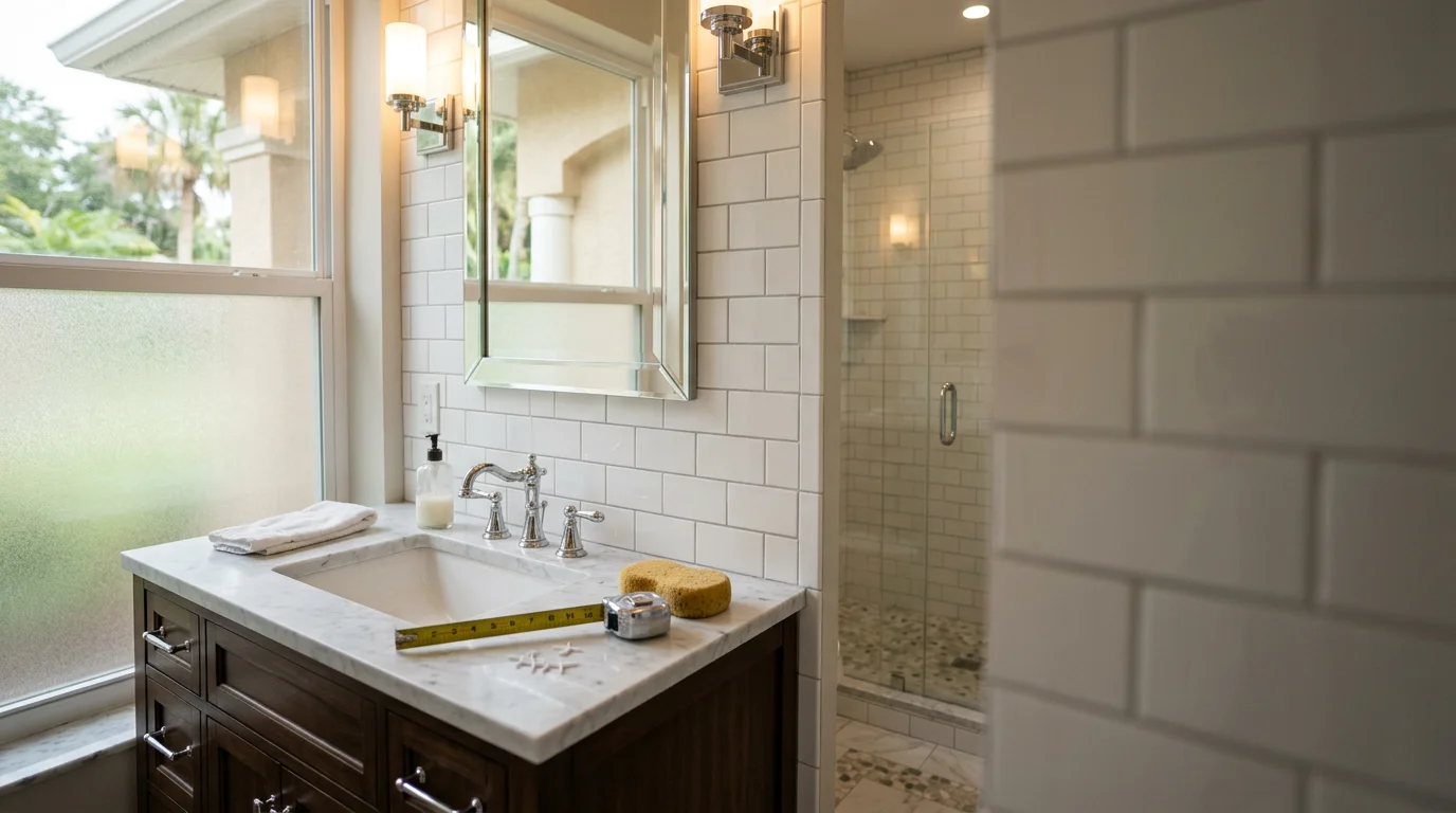 Newly remodeled bathroom with updated fixtures, tile, and vanity
