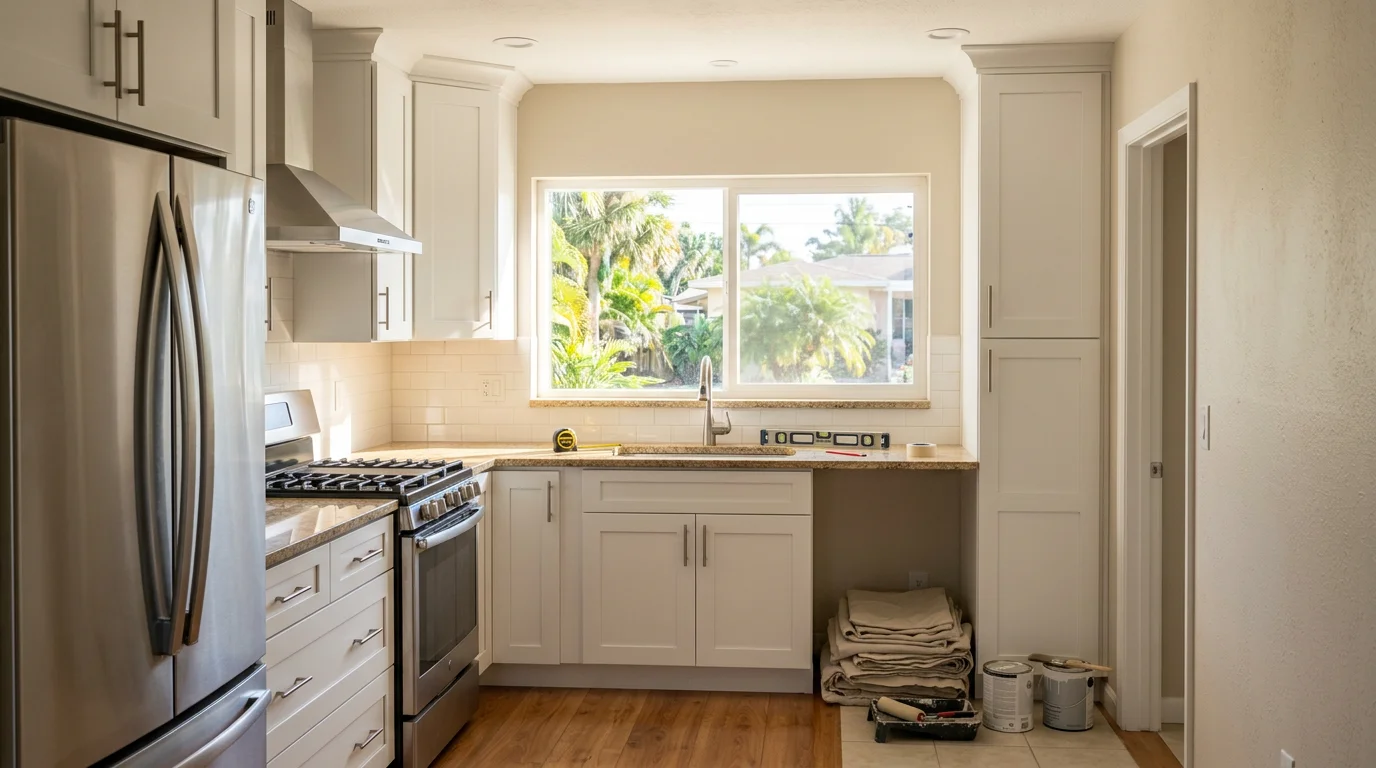 Modern kitchen remodel with new cabinets, countertops, and lighting