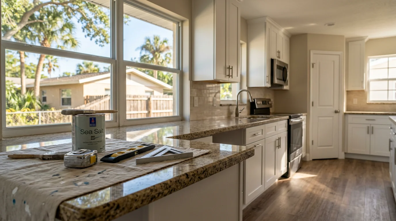 Modern kitchen remodel with new cabinetry, countertops, and tile flooring in Pinellas home