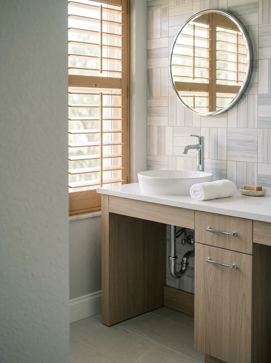 Bathroom vanity installation in Clearwater condo with salt-air resistant hardware and tile backsplash