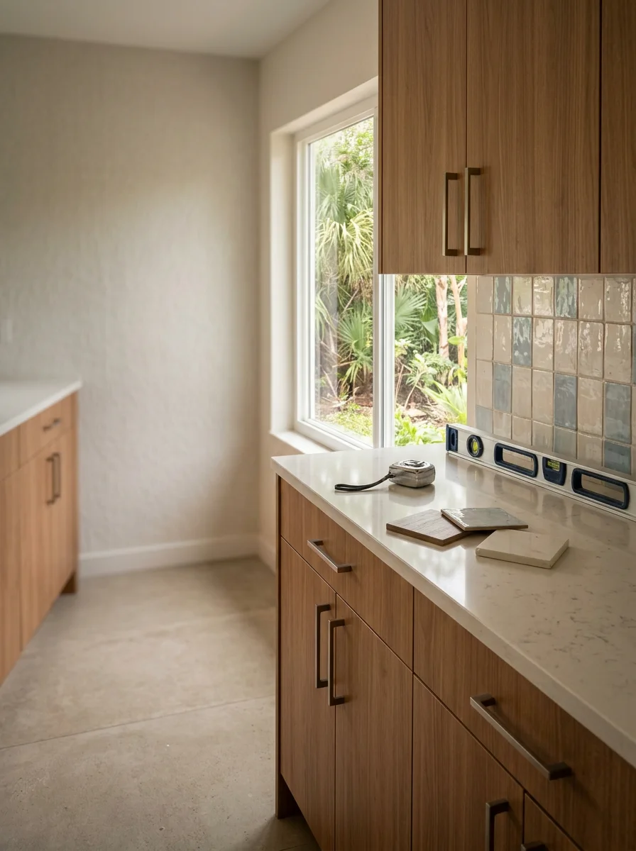 Modern kitchen renovation in a Dunedin mid-century home, featuring updated cabinetry, countertops, and backsplash tile designed for humidity resistance and coastal durability