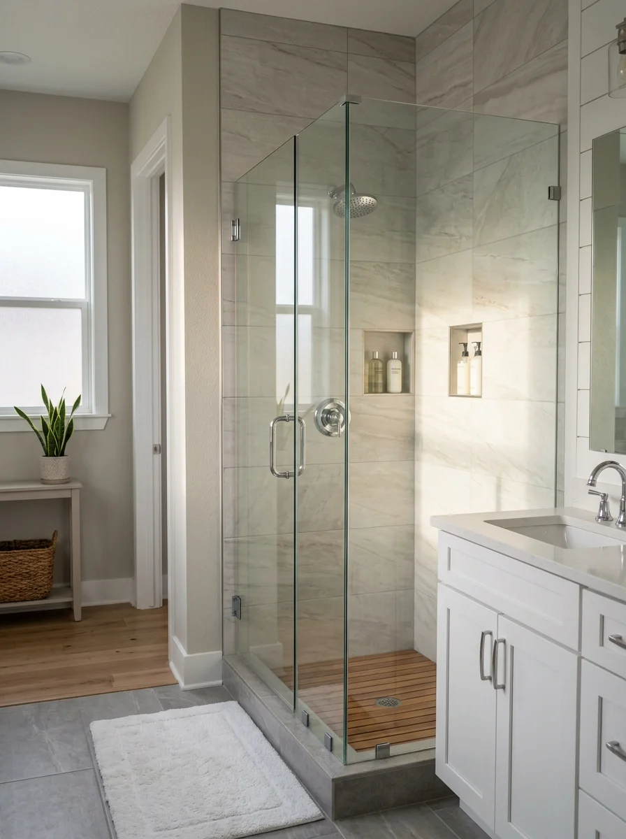 Bathroom renovation with porcelain tile and walk-in shower in coastal Highpoint residence