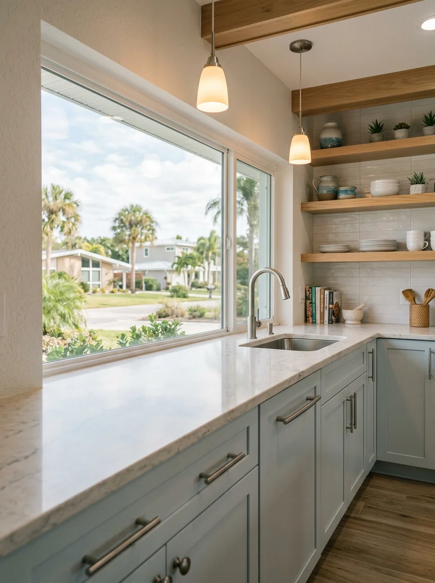 Modern kitchen remodel in Indian Shores home with marine-grade stainless steel fixtures and salt-resistant finishes