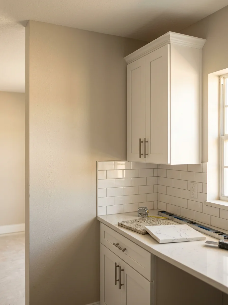 Modern kitchen remodel with white cabinetry and tile backsplash in a Kenneth City home