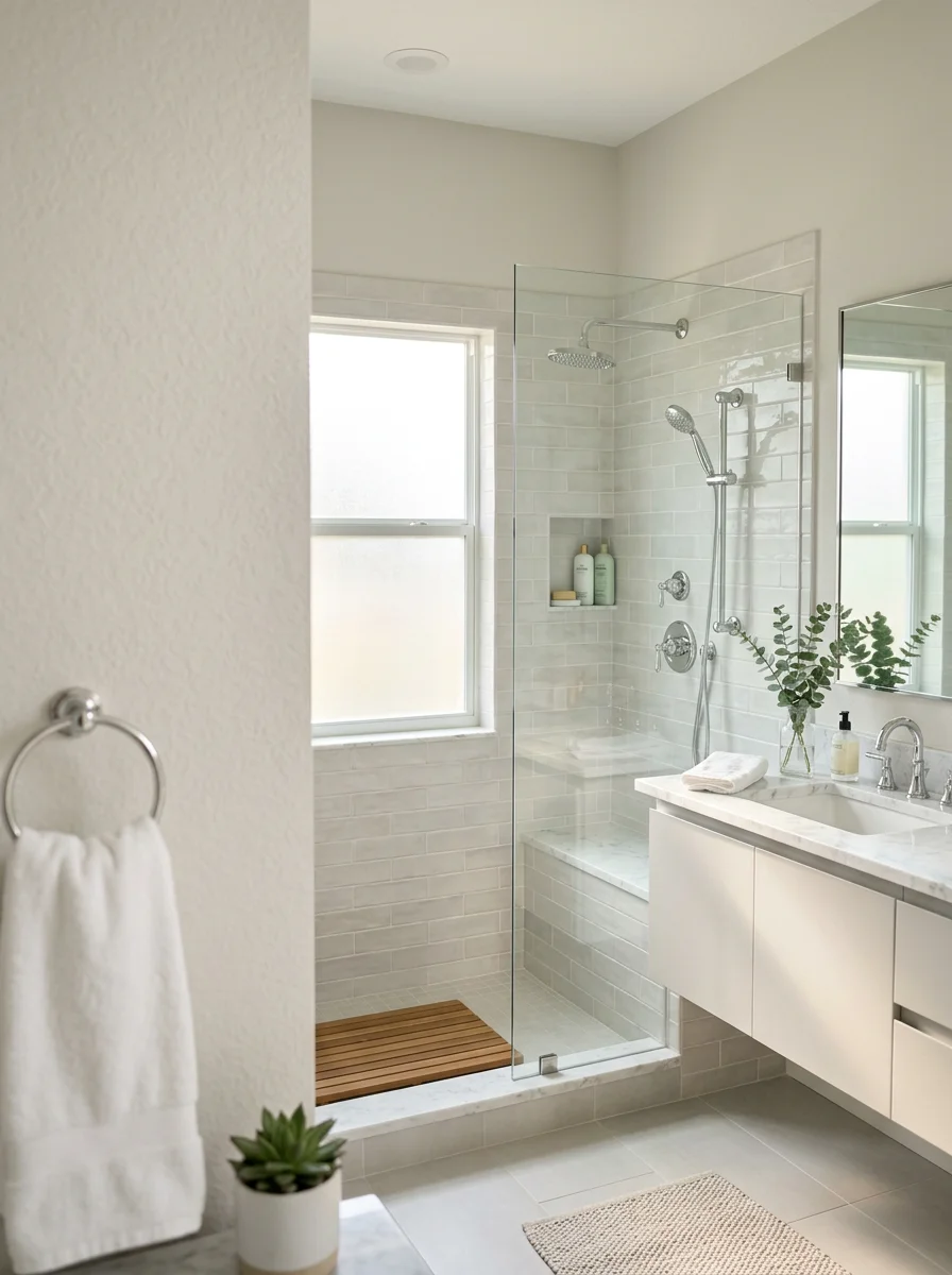 Spa-like bathroom with ceramic tile shower, vanity, and coastal-inspired fixtures designed for Florida humidity