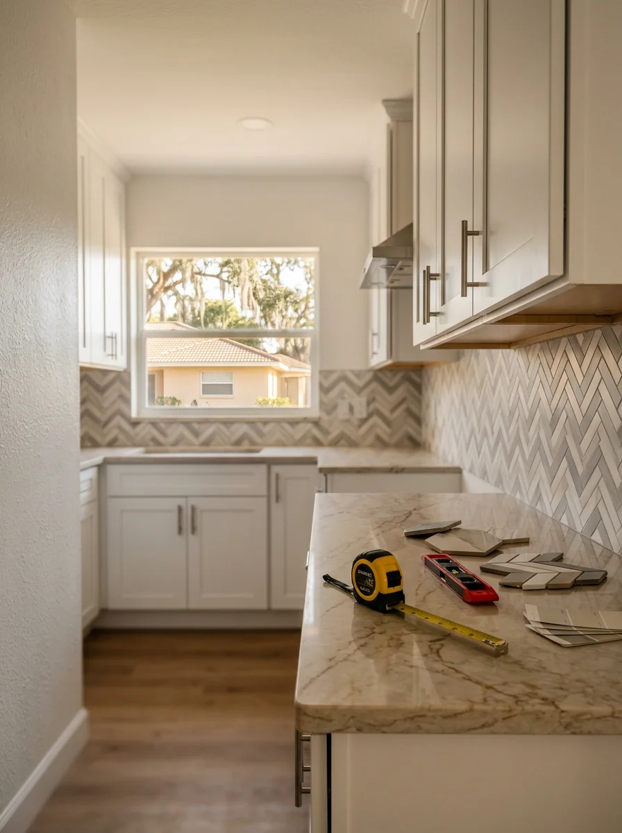 Modern kitchen remodel in a Pinellas Park home showing updated cabinetry, countertops, and tile backsplash in a compact space.