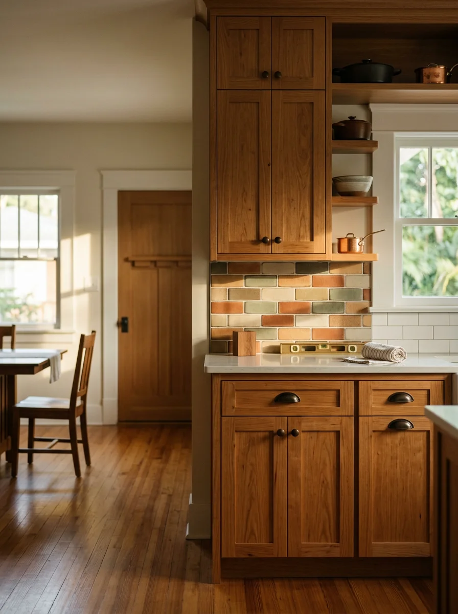 Updated kitchen with custom cabinetry and tile backsplash in a renovated St. Petersburg Craftsman home