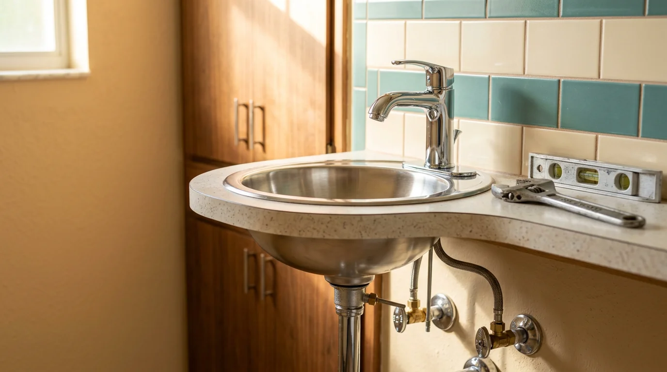 Newly installed bathroom faucet and sink fixture in a Pinellas area home, showing clean supply line connections and finished hardware against a freshly updated vanity surface. The bathroom reflects the practical, detail-focused installation work completed by The Experts In Room Additions & Remodeling Inc.