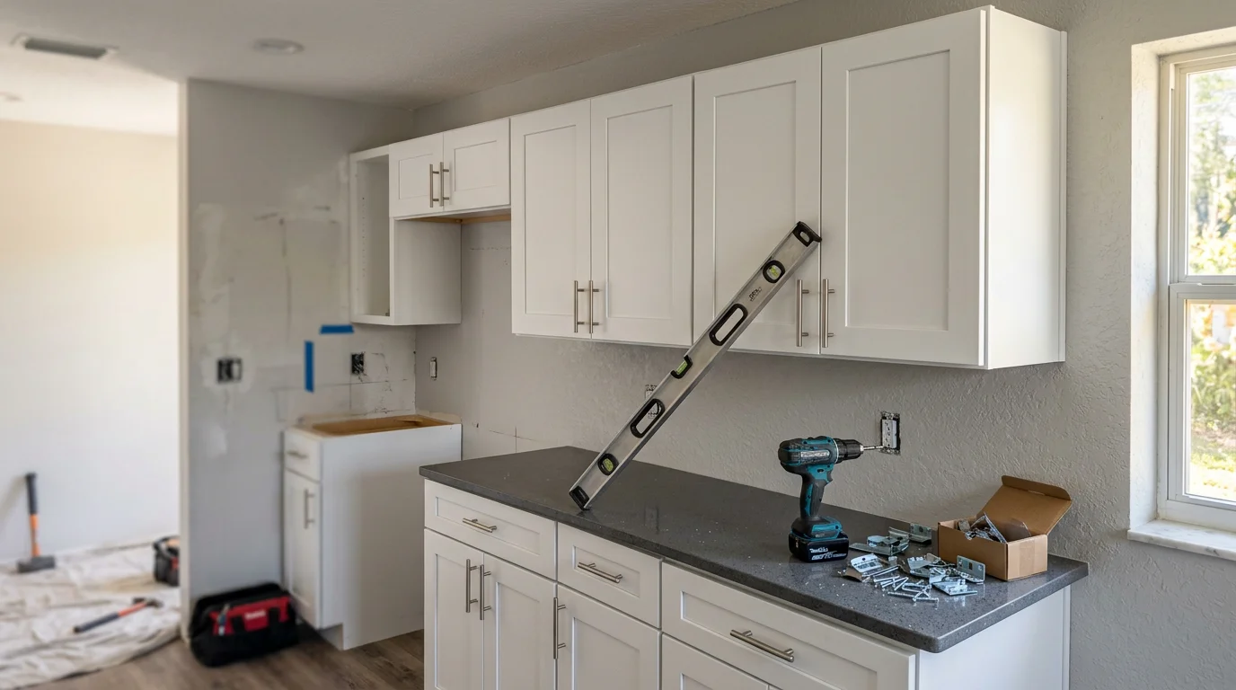 Newly installed kitchen cabinets in a Pinellas home, showing upper and lower cabinet runs with aligned doors and finished toe kick trim. The kitchen walls are prepped and the cabinets are set level and flush against a freshly prepared wall surface.
