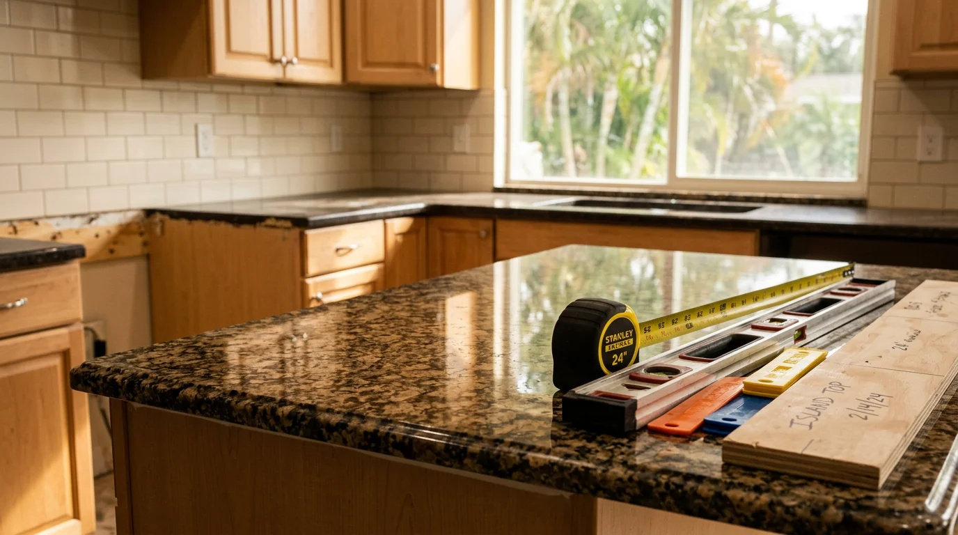 Newly installed kitchen countertop in a Pinellas County home, showing a clean surface fit against painted cabinets with a sink cutout in place. The finished installation reflects the kind of before-and-after transformation The Experts In Room Additions & Remodeling Inc delivers across the area.