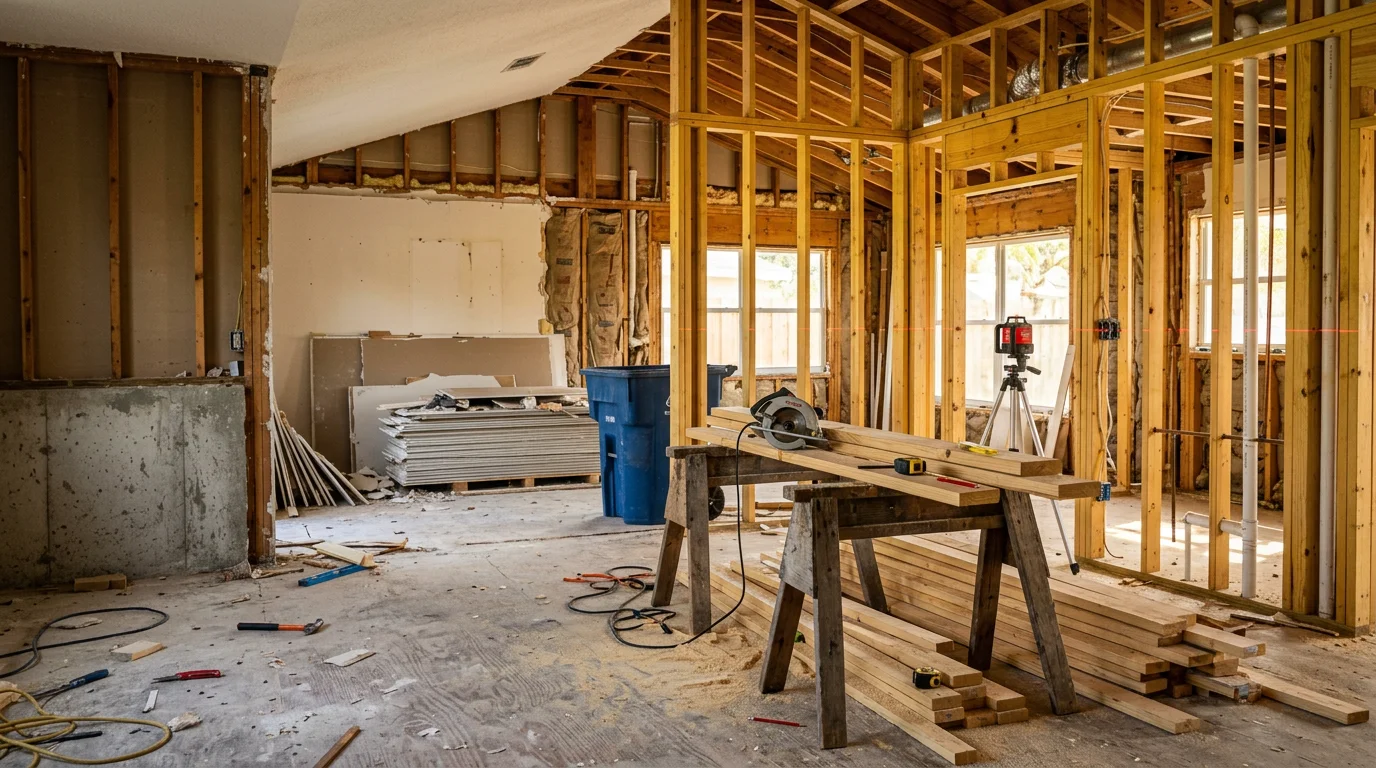 Interior of a Pinellas County home mid-heavy remodel showing an open floor plan in progress with walls removed and structural framing exposed. The space transitions from a closed-off original layout to a wide, open living and kitchen area.
