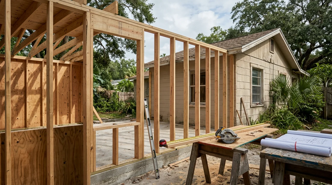 A newly completed home addition on a single-family residence in Pinellas County, Florida, showing expanded square footage tied into the existing exterior. The addition blends with the original roofline and siding, with a finished interior visible through a large window.