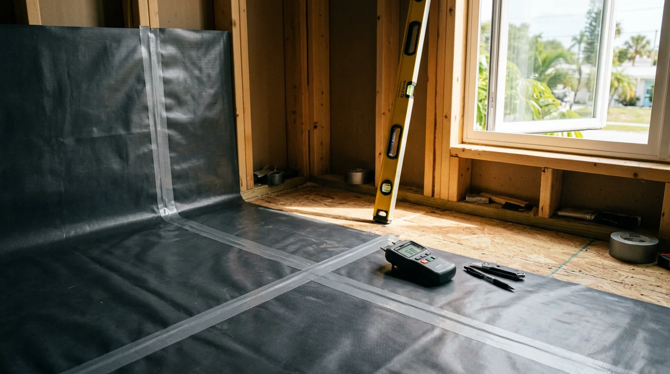 Freshly installed flooring in a Pinellas area home showing a clean, level surface across an open living room. A remodeling crew from The Experts In Room Additions & Remodeling Inc works on subfloor preparation before laying the finished floor.
