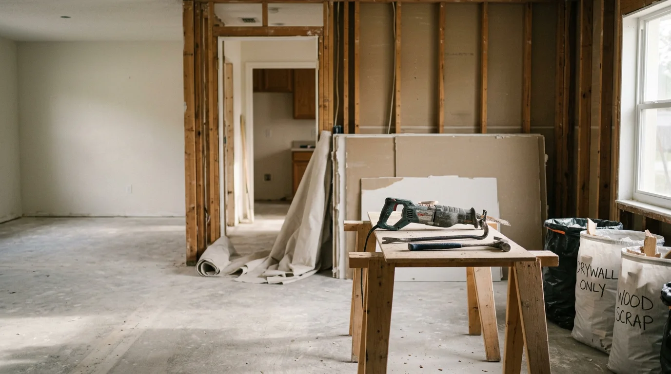 Interior of a Pinellas area home mid-demolition with walls stripped to the studs and flooring removed, showing a cleared space ready for remodeling. A general contractor surveys the open room layout before the next phase of construction begins.