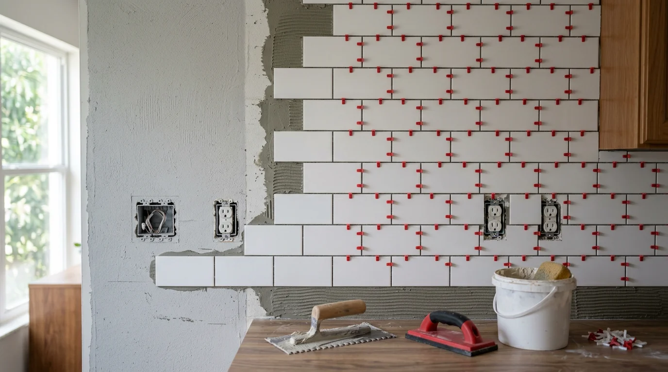 Freshly installed kitchen tile backsplash behind a stove in a Pinellas County home, showing clean grout lines and precise cuts around an electrical outlet. The backsplash runs from the countertop to the upper cabinets with no gaps or uneven spacing.