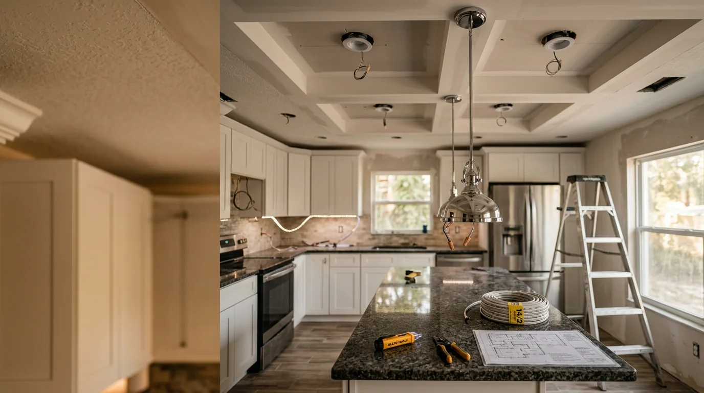 Newly installed recessed ceiling lights and under-cabinet lighting in a remodeled kitchen inside a Pinellas County home. The fixtures illuminate the countertops and island evenly, showing the completed installation by The Experts In Room Additions & Remodeling Inc.