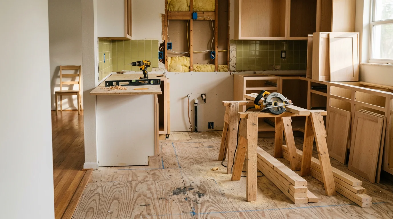 A fully remodeled kitchen in a Pinellas County home showing an open layout with updated flooring and new finish work throughout. The space reflects a complete transformation from an older closed-off design to a functional, modern kitchen.