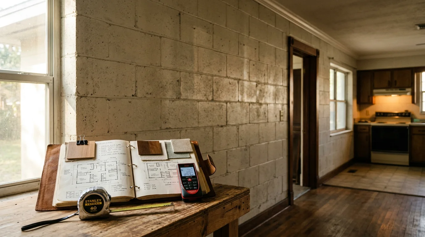 A contractor and homeowner reviewing a remodeling plan together inside a Pinellas County home. The image shows an interior space being evaluated during a pre-project consultation.
