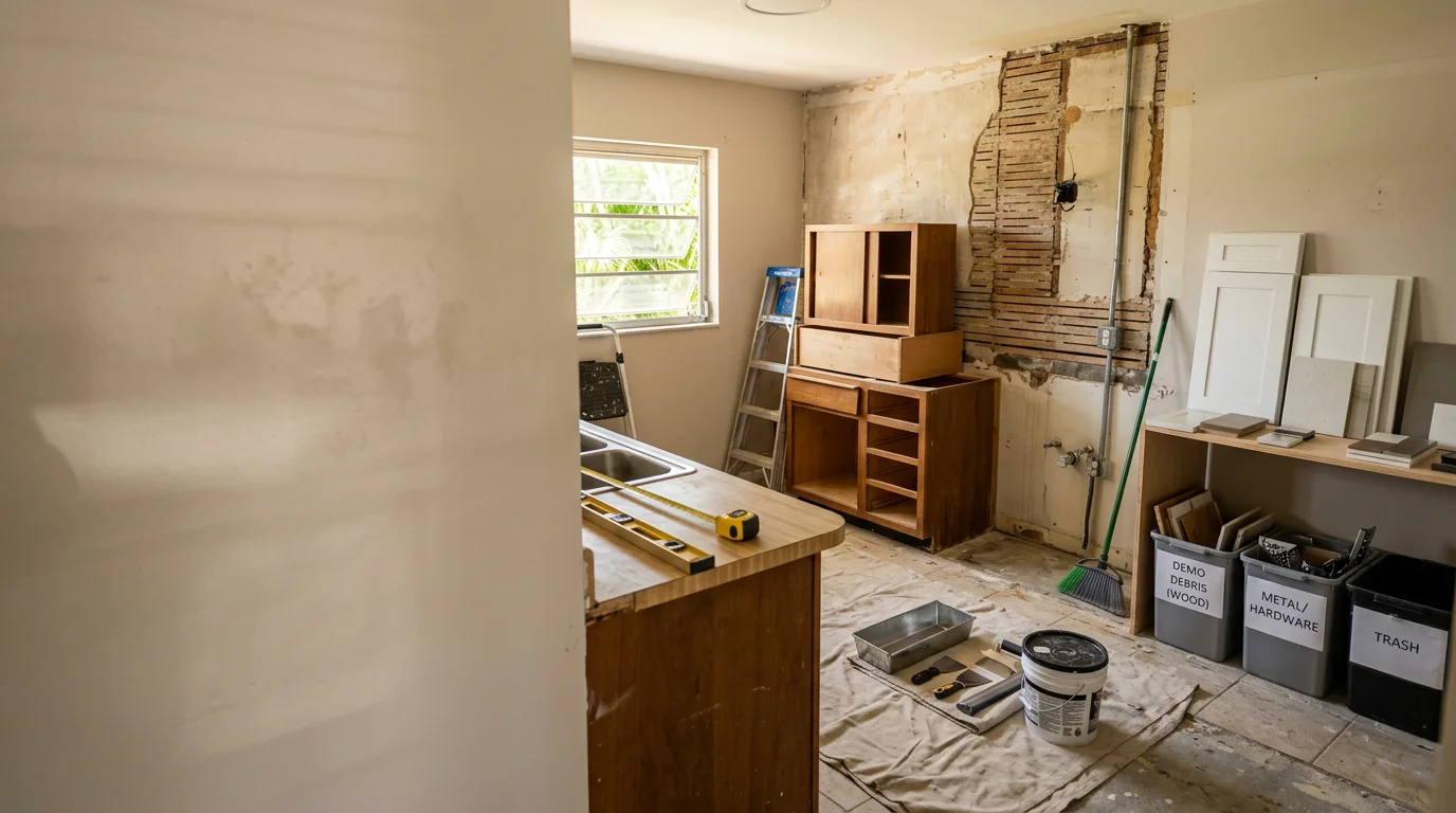 Interior of a remodeled home in Pinellas County showing an updated open-plan living and kitchen space with fresh finishes. The before-and-after transformation reflects practical layout improvements common in older Pinellas homes.