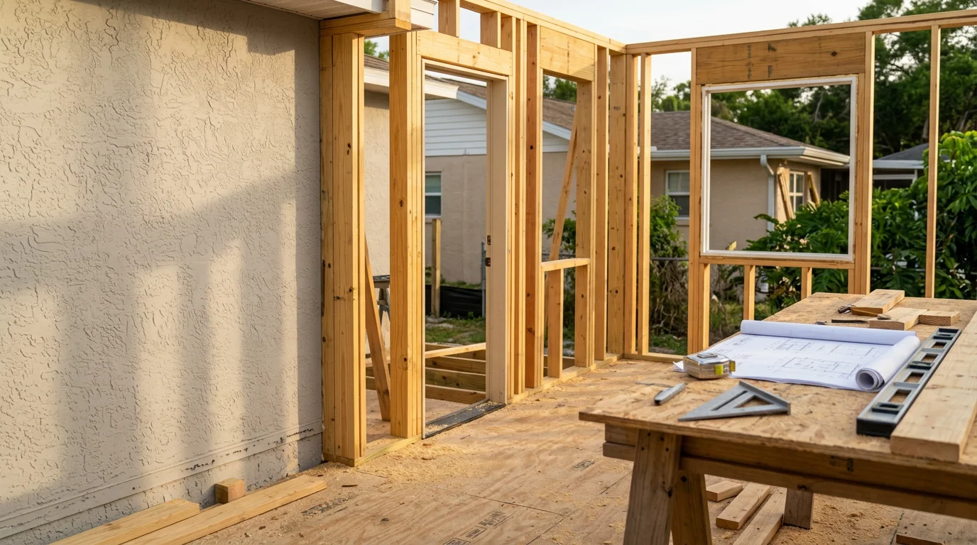 A newly completed room addition on a single-story home in Pinellas, showing a framed and finished exterior that matches the existing roofline and siding. The addition includes impact-rated windows and a clean transition from the original structure.