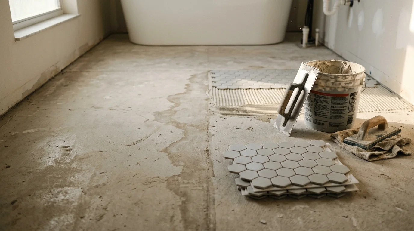Freshly replaced floor tile in a Pinellas County bathroom, showing clean grout lines and a flat, even surface. A remodeling contractor from The Experts In Room Additions & Remodeling Inc completed the tile work replacement as part of a full bathroom update.