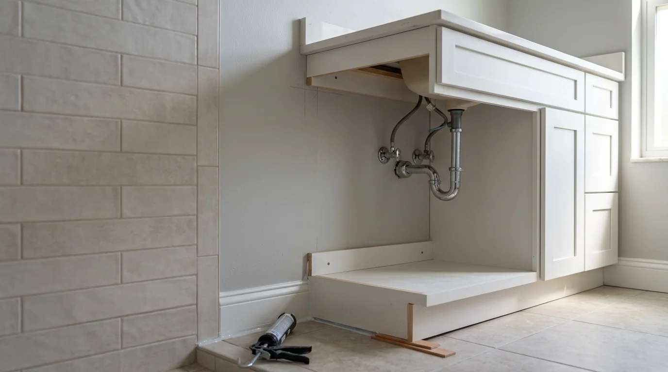 A newly installed bathroom vanity with a clean countertop and connected plumbing in a Pinellas area home. The cabinet sits flush against the wall with sealed edges, showing a finished vanity installation ready for daily use.