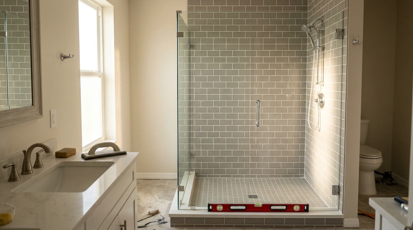 A newly installed walk-in shower with a low-threshold entry in a Pinellas County home bathroom. The open shower space features clean wall surfaces and a floor-level drain replacing a former tub-shower combo.
